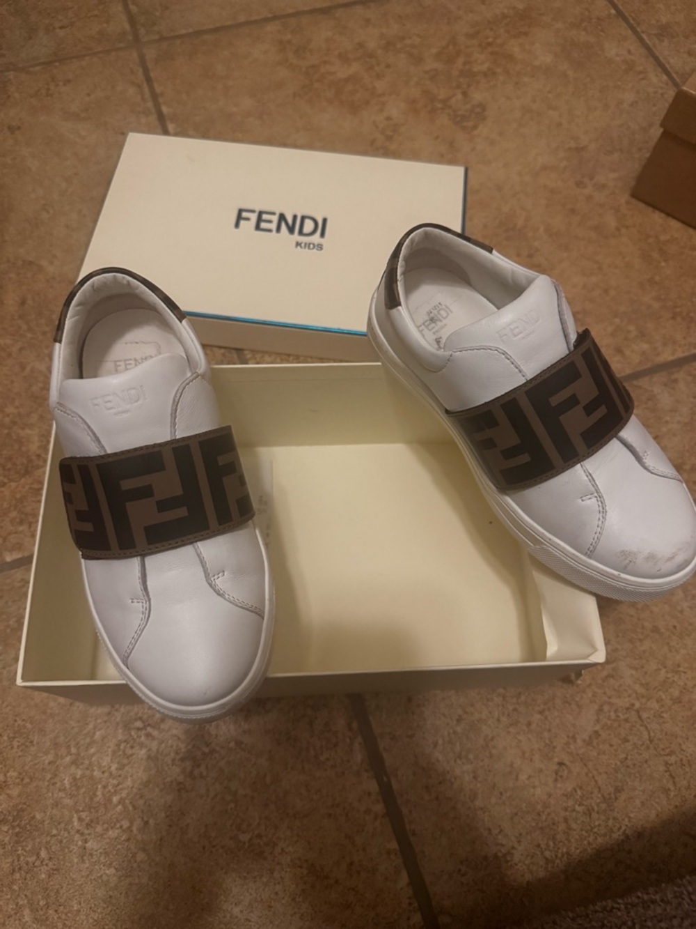 Fendi Kids White Sneakers with Brown FF Logo Strap